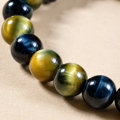 7A Blue Gold Tiger Eye Bracelet – Collector Grade – bead texture macro detail