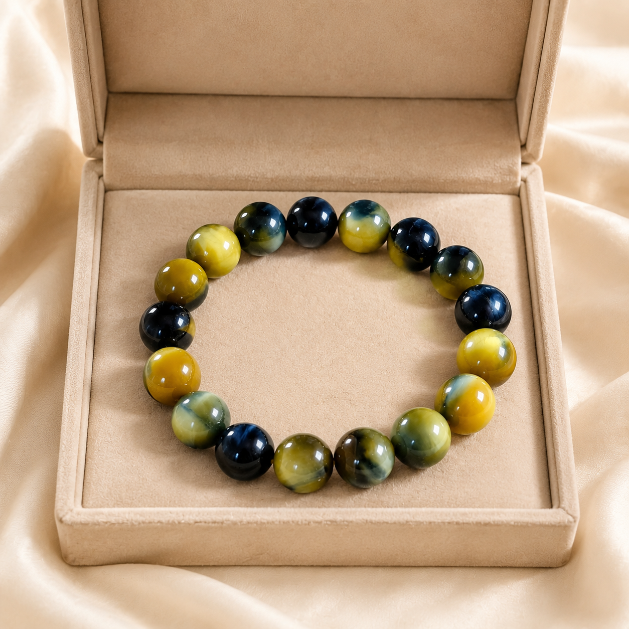 7A Blue Gold Tiger Eye Bracelet – Collector Grade – beige velvet gift-box view