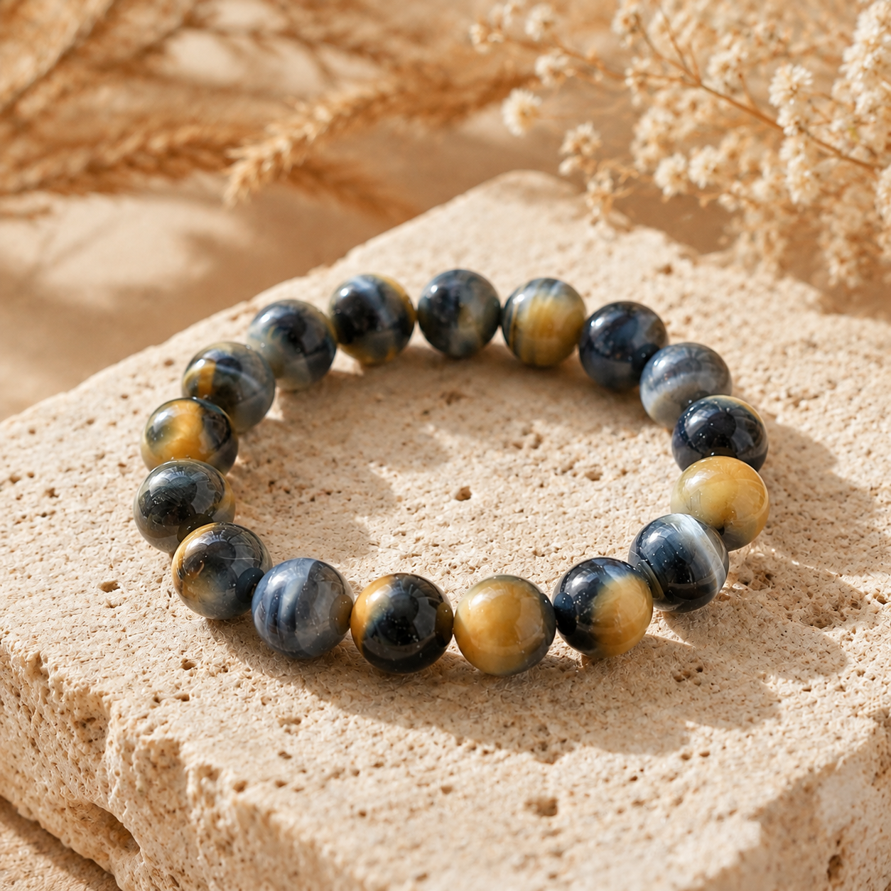 7A Blue Gold Tiger Eye Bracelet – High Quality – travertine and dried-flower still life