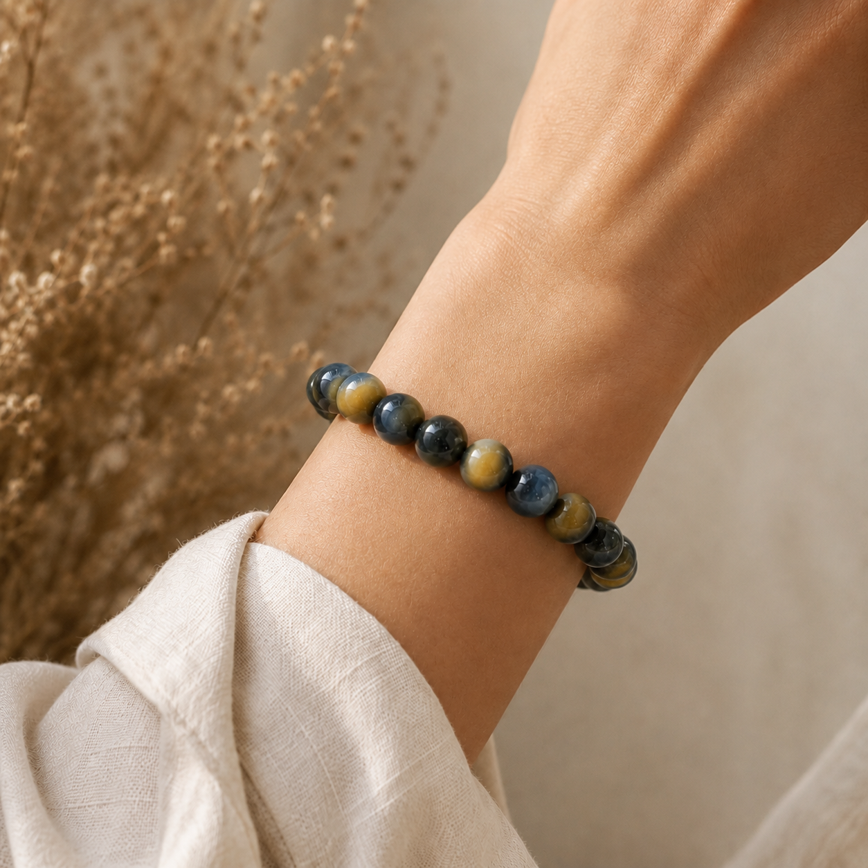 7A Blue Gold Tiger Eye Bracelet – High Quality – realistic on-wrist view