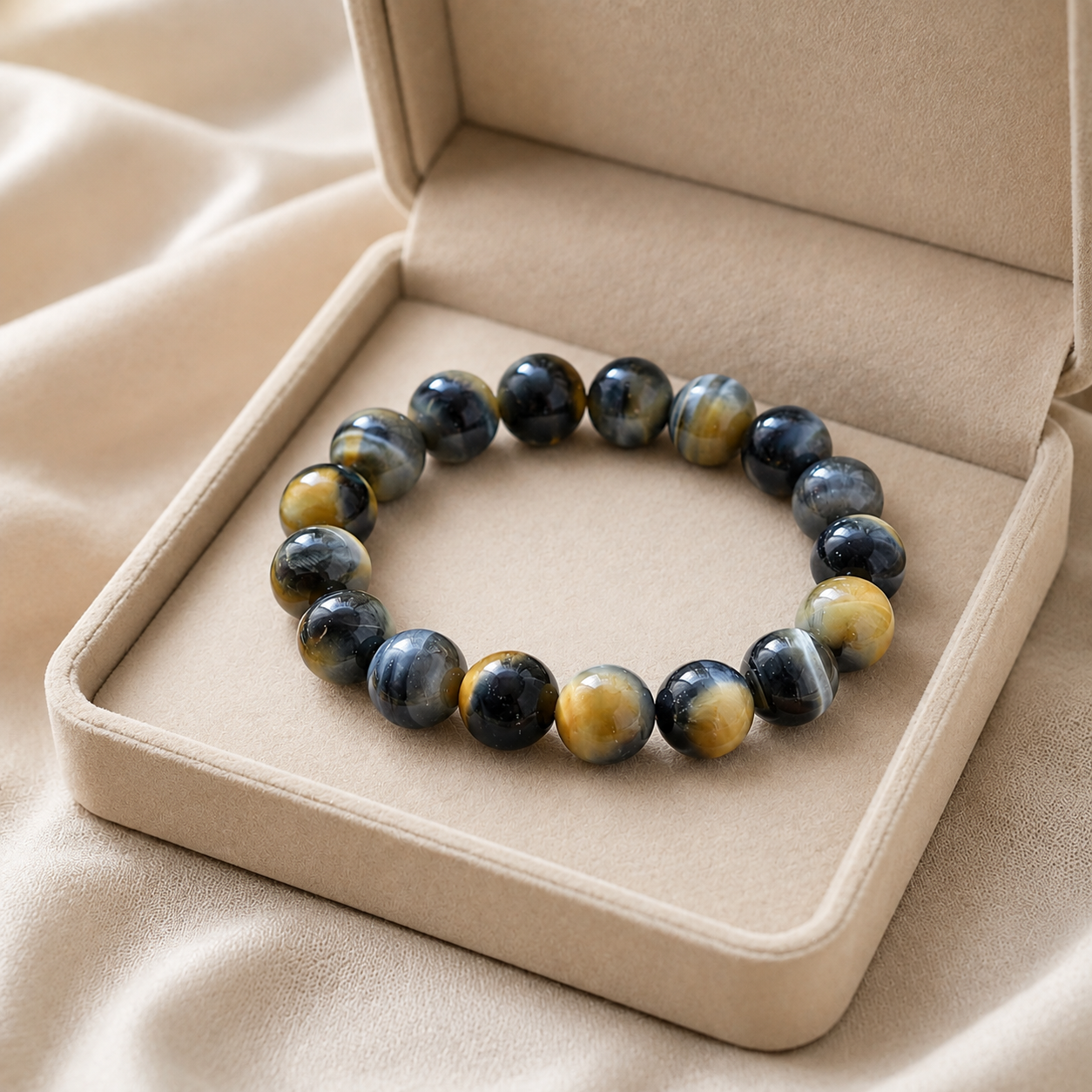 7A Blue Gold Tiger Eye Bracelet – High Quality – beige velvet gift-box view