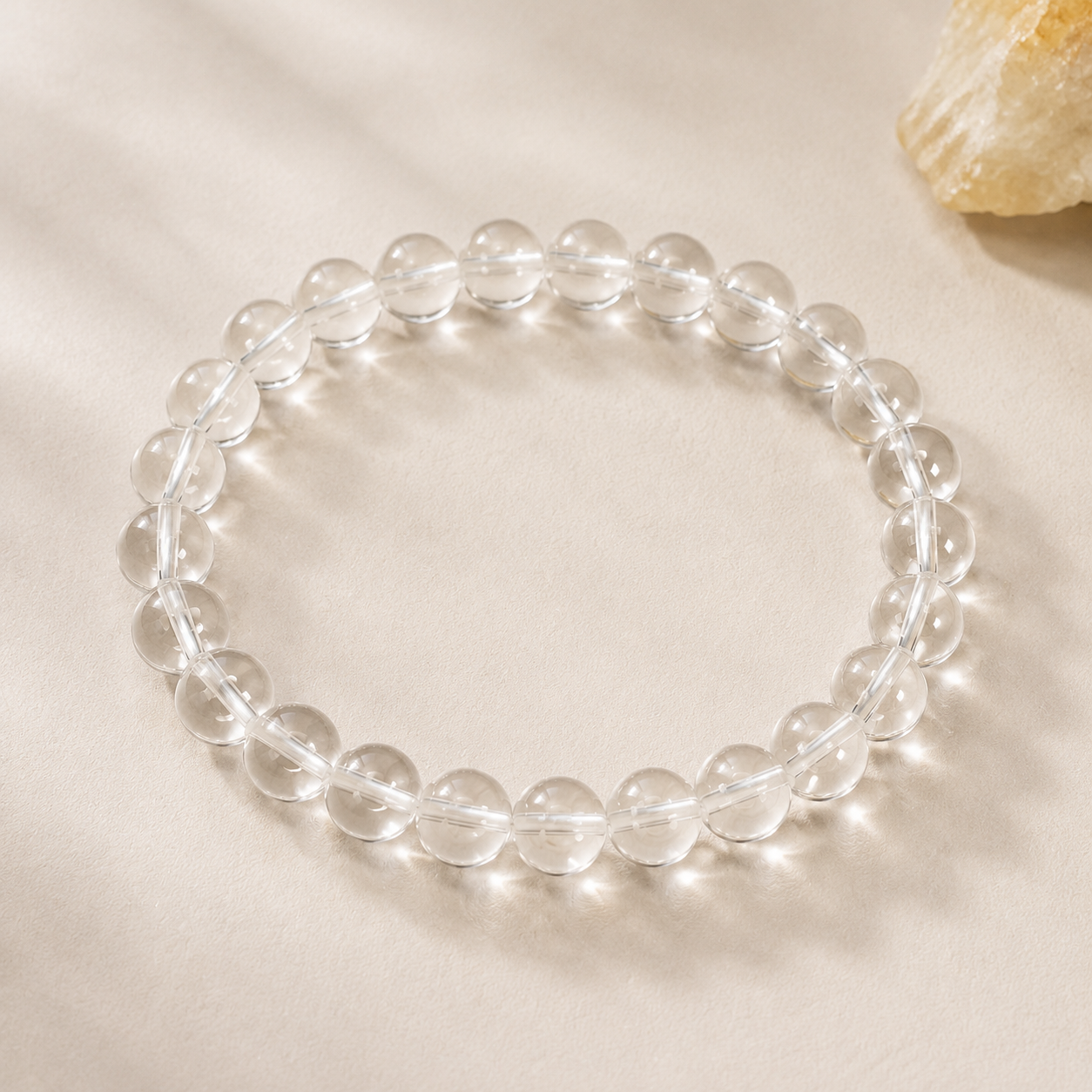 7A Natural Clear Quartz Bracelet – 8mm – centered flatlay product view