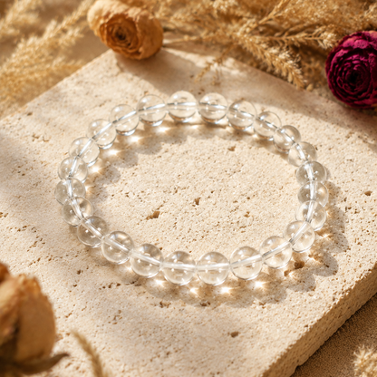 7A Natural Clear Quartz Bracelet – 8mm – travertine and dried-flower still life