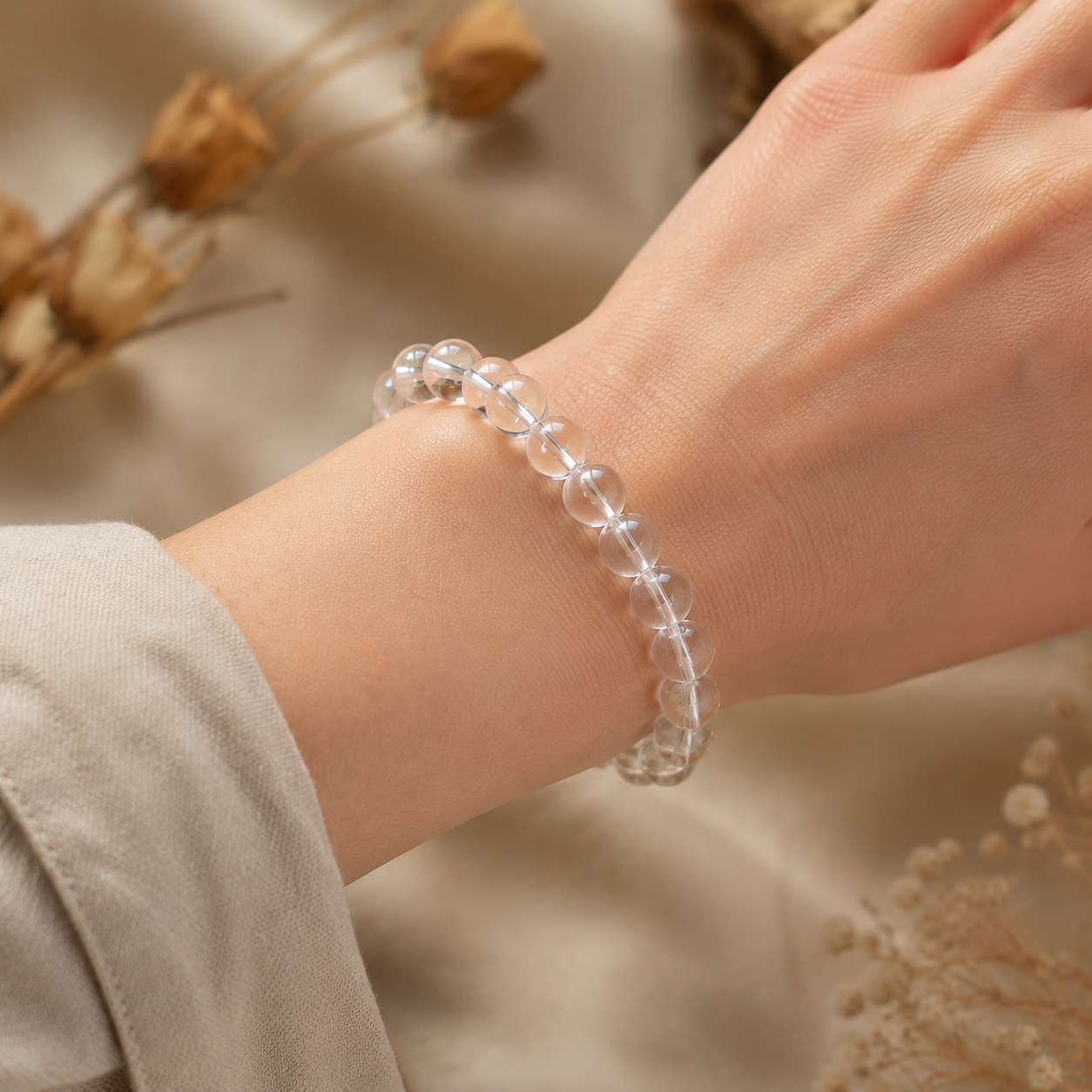 7A Natural Clear Quartz Bracelet – 8mm – realistic on-wrist view