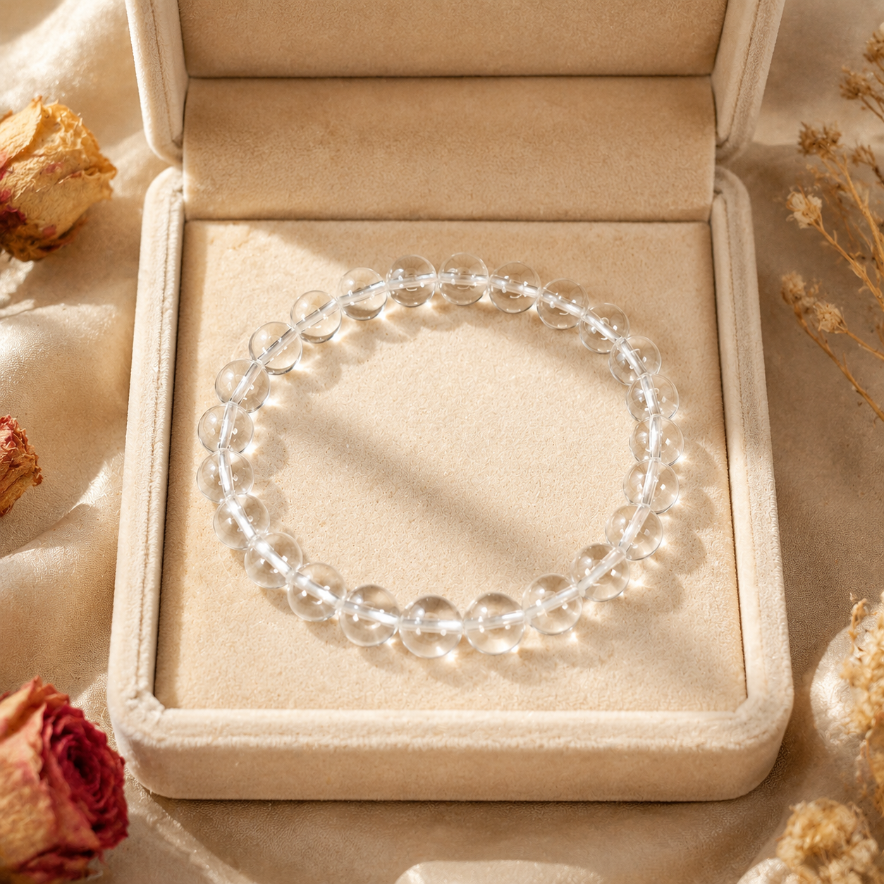 7A Natural Clear Quartz Bracelet – 8mm – beige velvet gift-box view