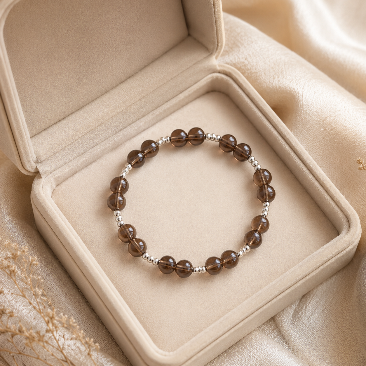 7A Natural Smoky Quartz Bracelet – 8mm – beige velvet gift-box view