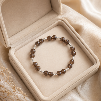 7A Natural Smoky Quartz Bracelet – 8mm – beige velvet gift-box view