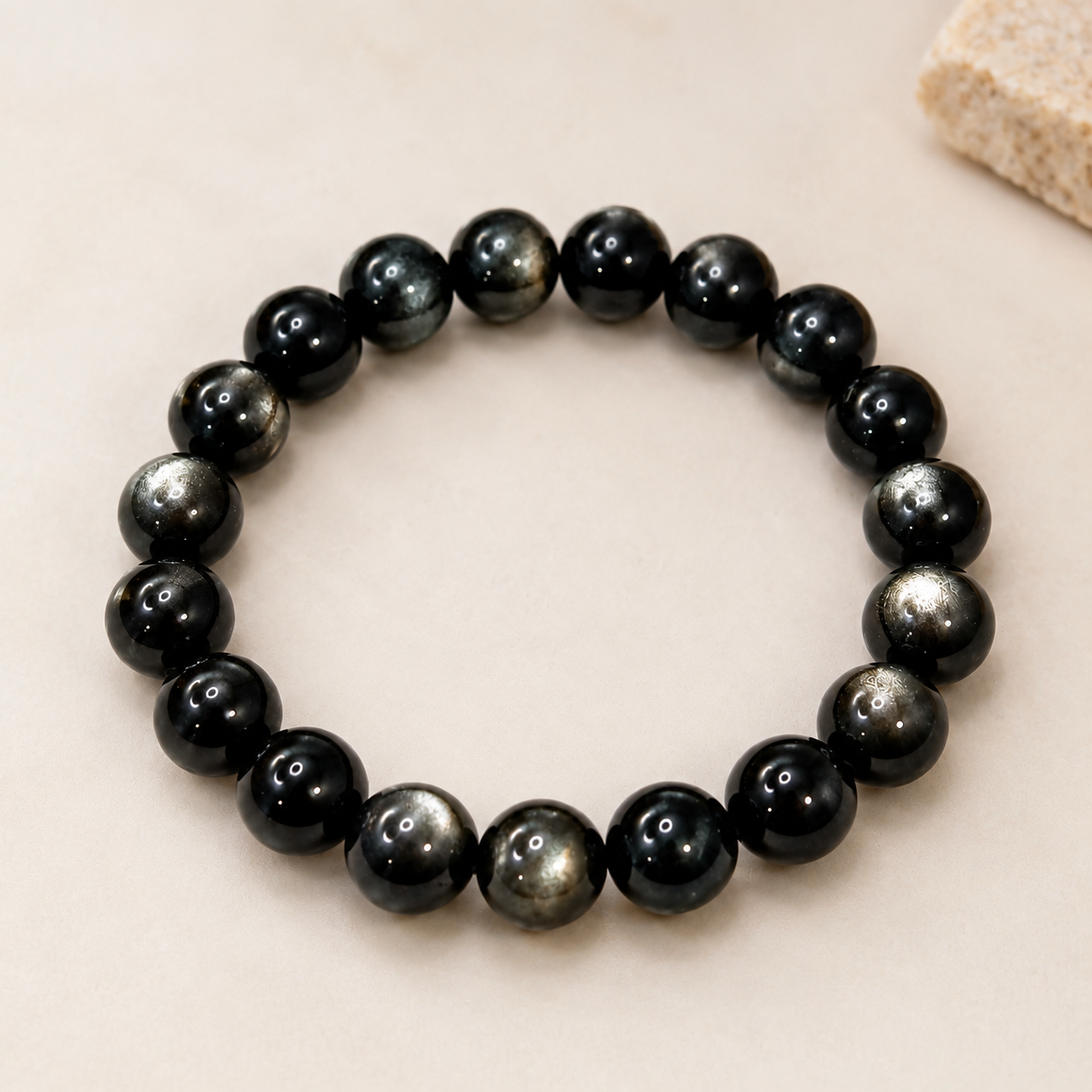 7A Silver Sheen Obsidian Bracelet – 8mm – centered flatlay product view