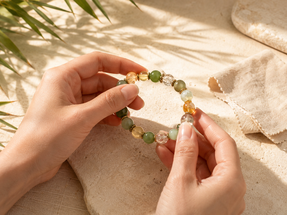Completed gemstone bracelet being inspected