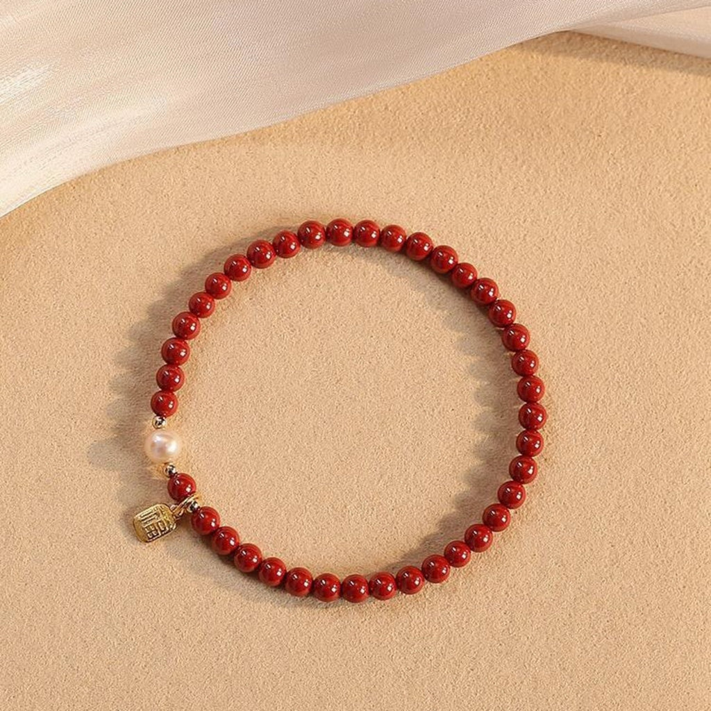 Imperial Cinnabar Bead Bracele t with Pearl & Fortune Charm – Ancient Protection Stone for Courage, Calm & Good Luck