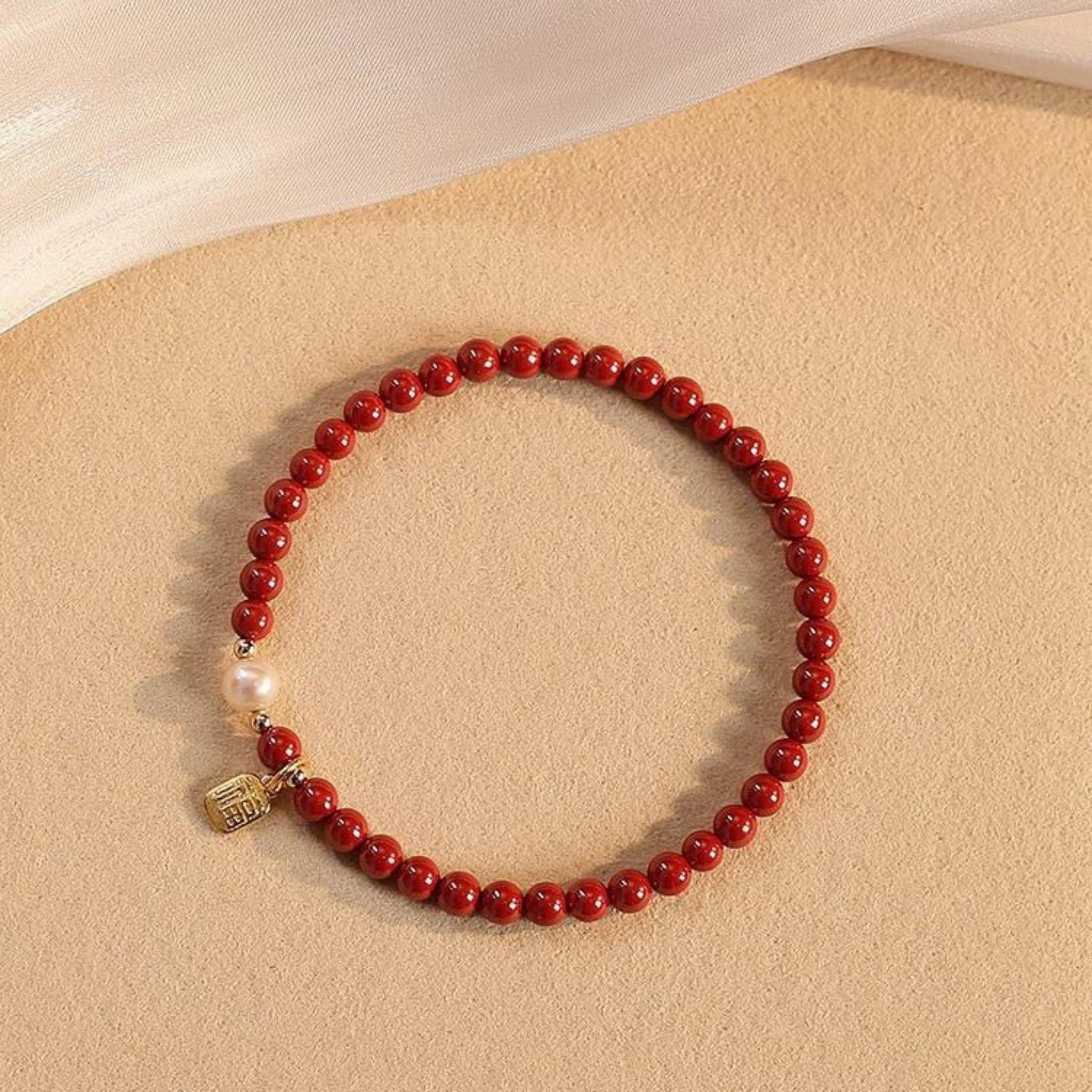 Imperial Cinnabar Bead Bracele t with Pearl & Fortune Charm – Ancient Protection Stone for Courage, Calm & Good Luck