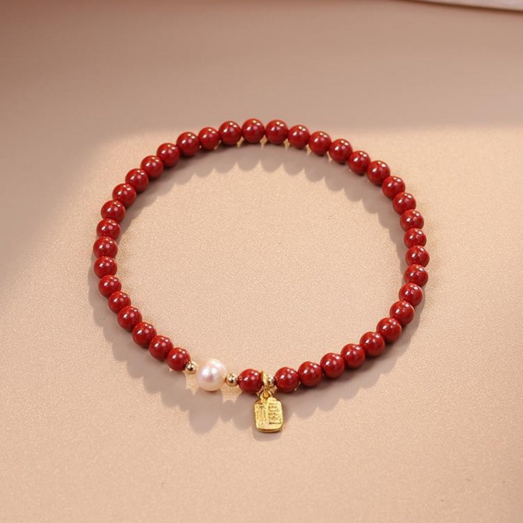 Imperial Cinnabar Bead Bracele t with Pearl & Fortune Charm – Ancient Protection Stone for Courage, Calm & Good Luck