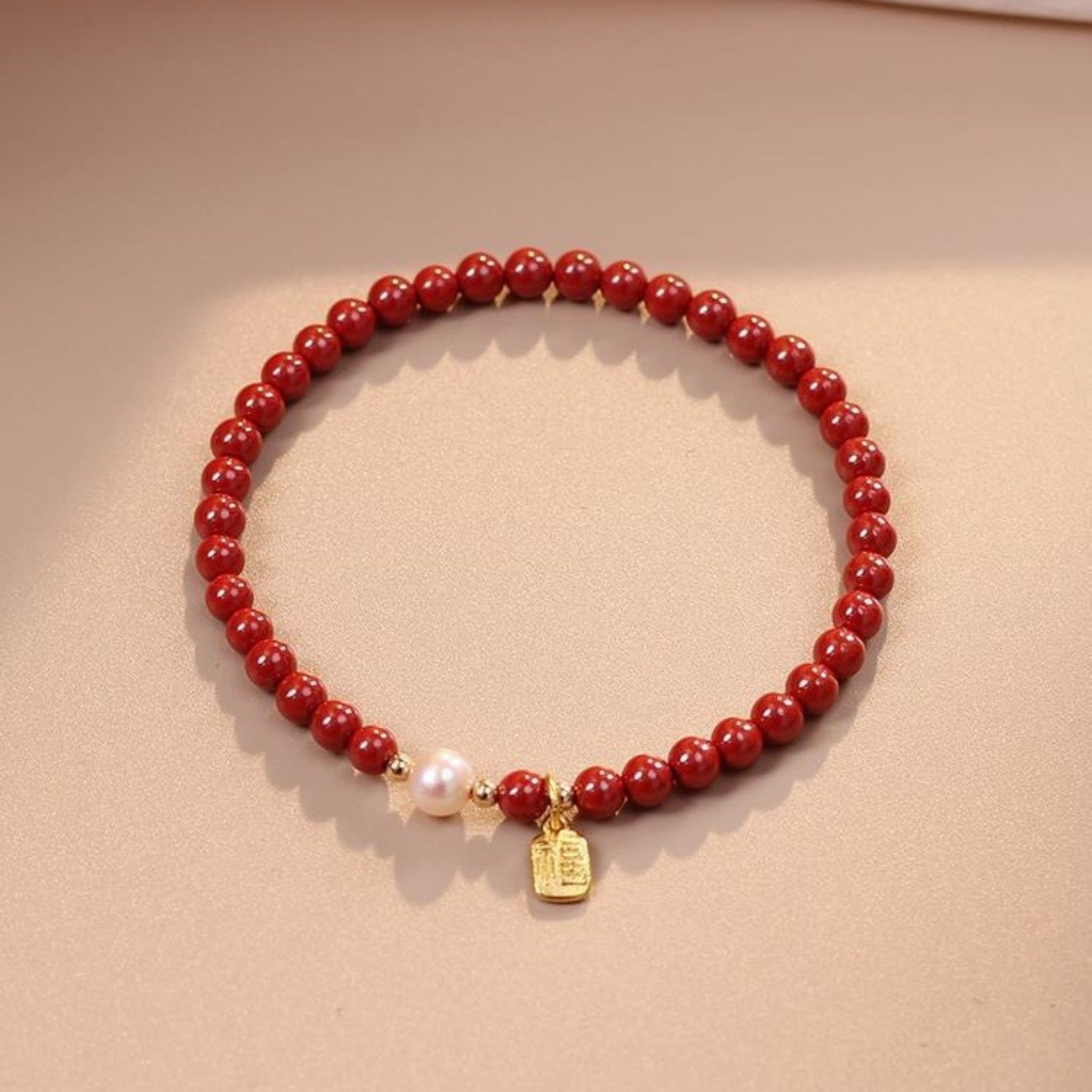 Imperial Cinnabar Bead Bracele t with Pearl & Fortune Charm – Ancient Protection Stone for Courage, Calm & Good Luck