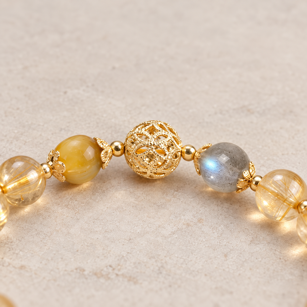 Golden Rutilated Quartz, Tiger Eye & Moonstone Bracelet – 8mm