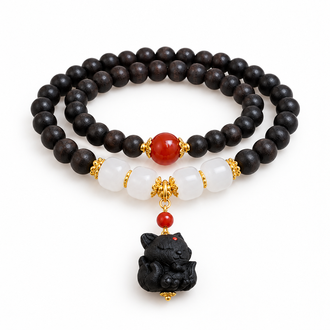 Double-wrap 6 mm agarwood bracelet with white barrel accents, red bead and black fox charm
