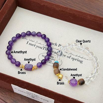 Amethyst, clear quartz, sandalwood and brass material details