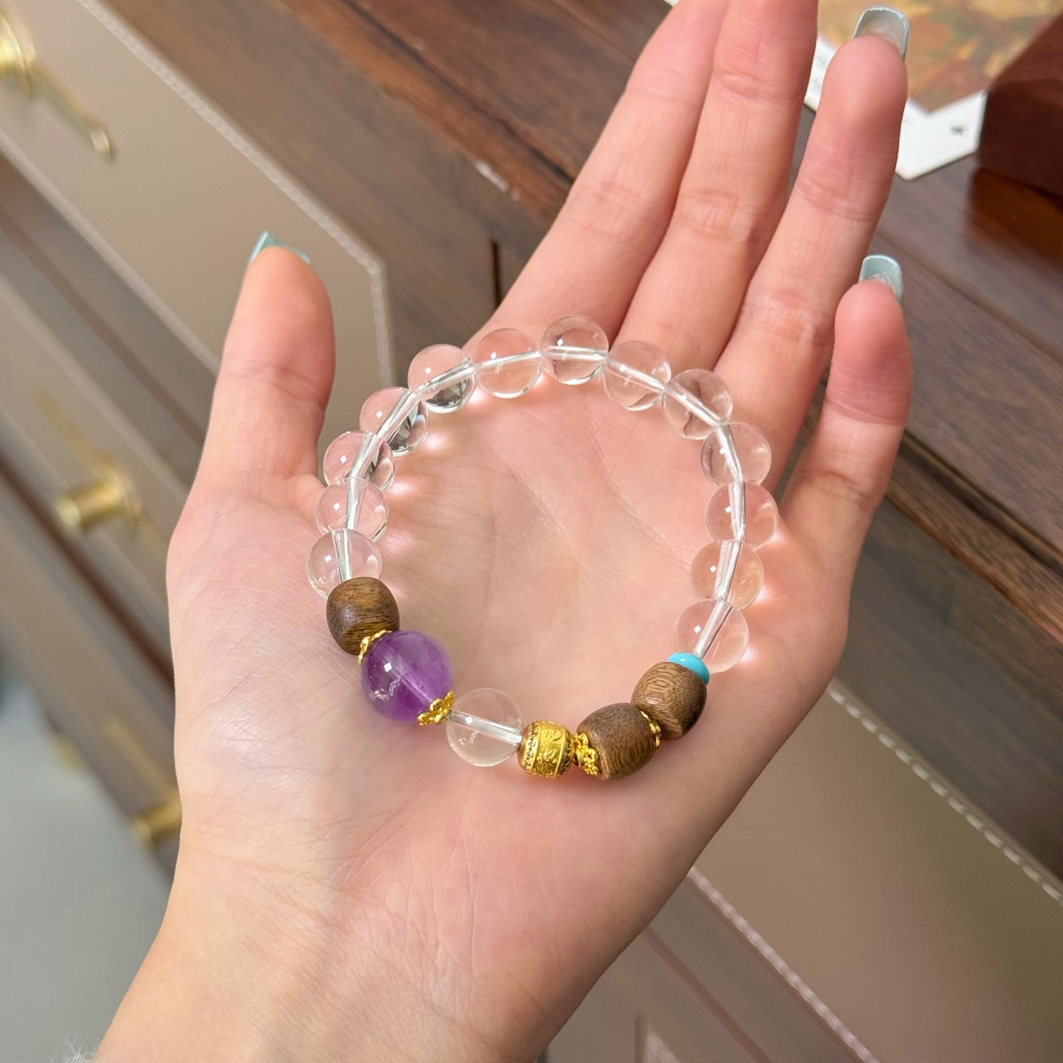 Clear quartz style with sandalwood and amethyst accent