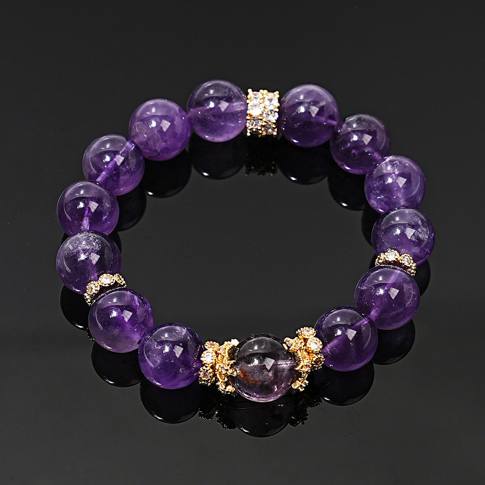 Front view of amethyst bracelet with gold-tone copper alloy accents