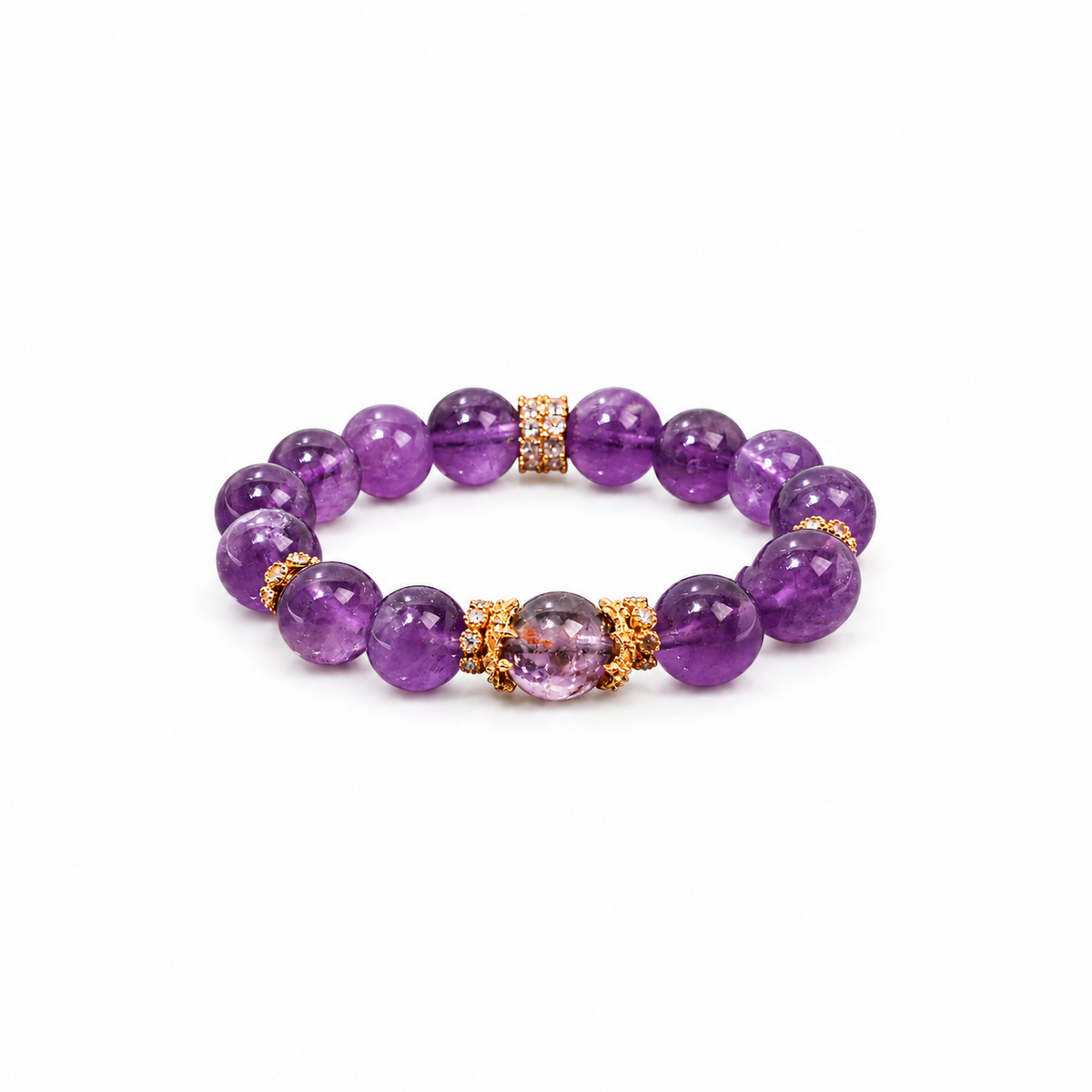 Natural amethyst bracelet with gold-tone accents on white