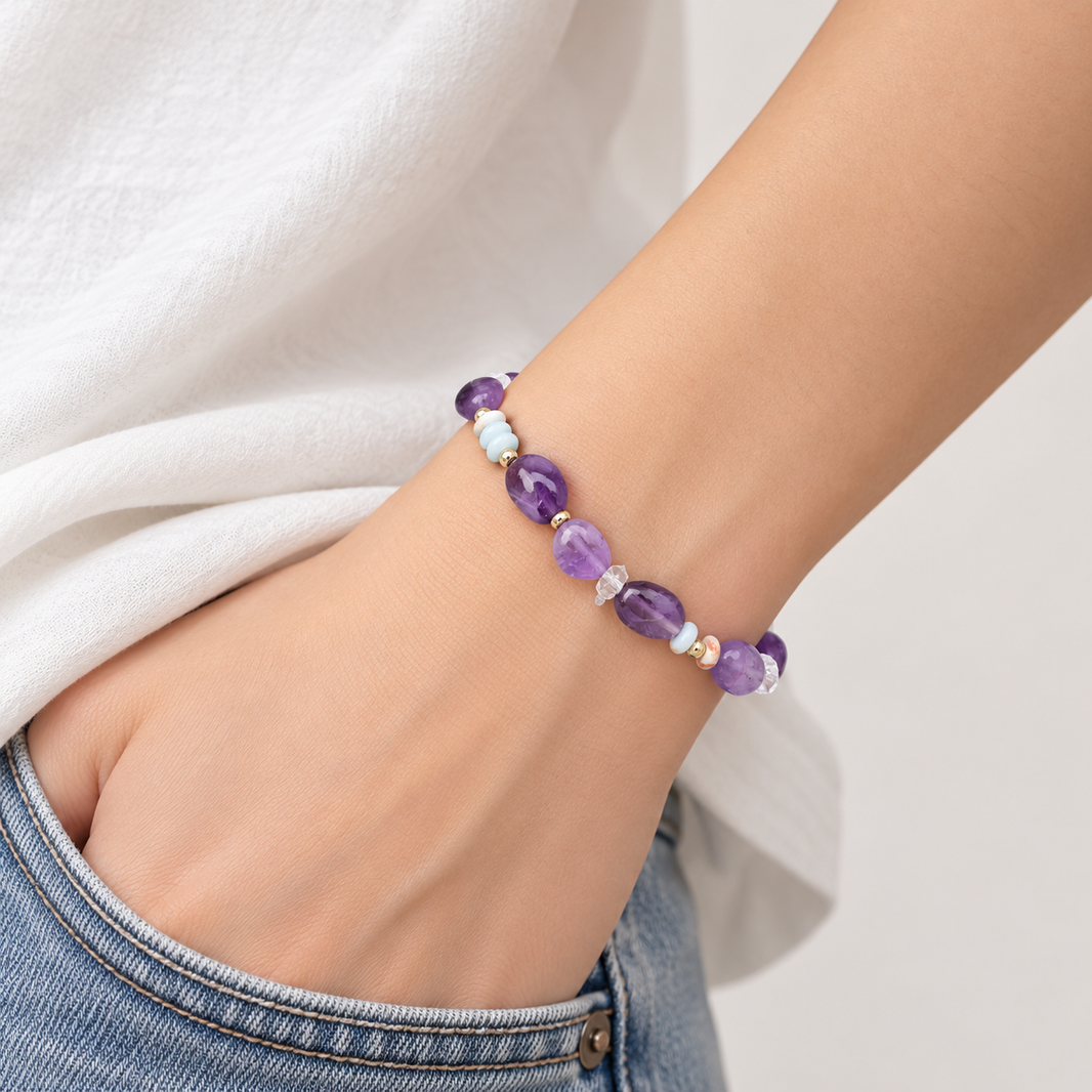 Amethyst and Shoushan bracelet worn, side wrist view