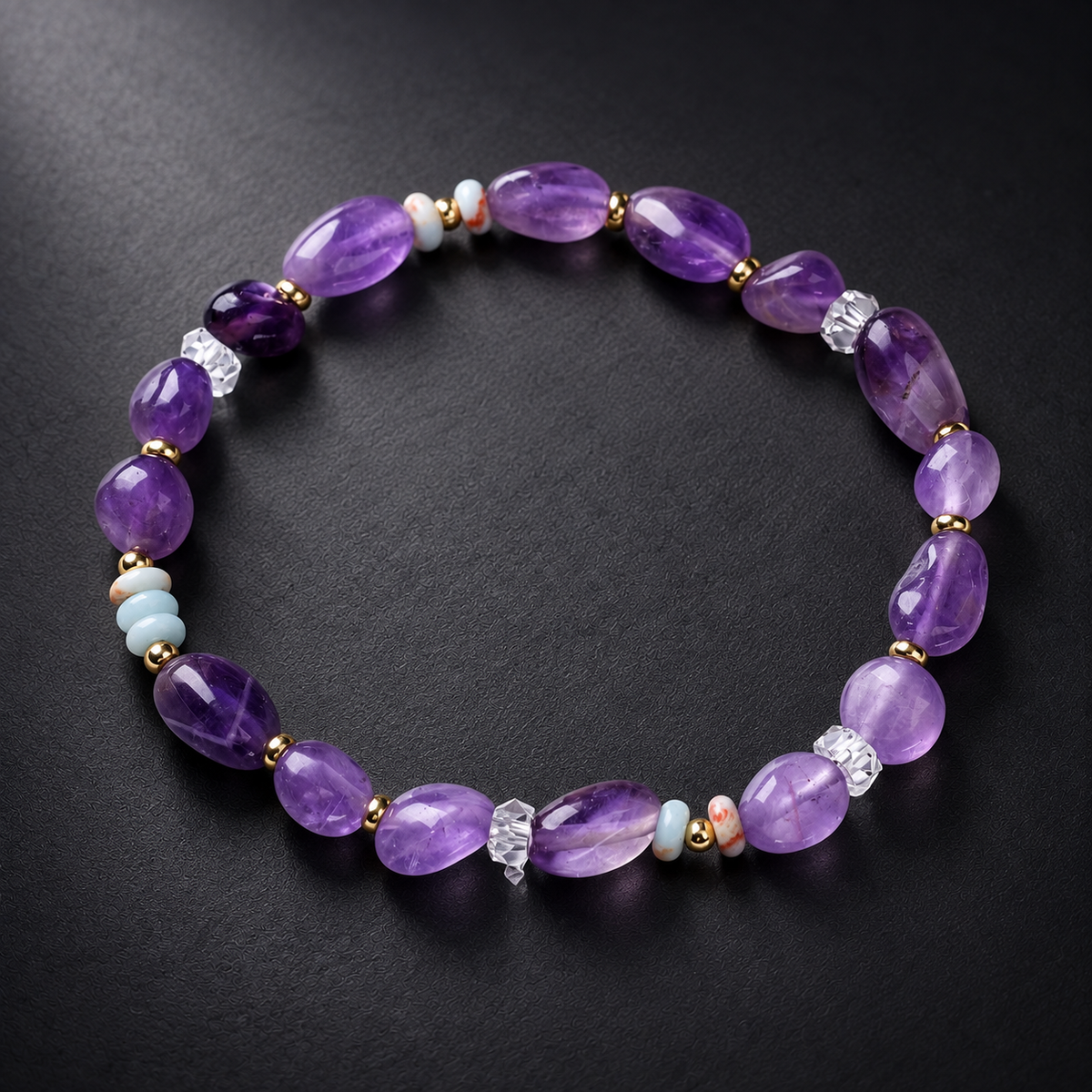 Amethyst and Shoushan bracelet displayed on a dark charcoal surface