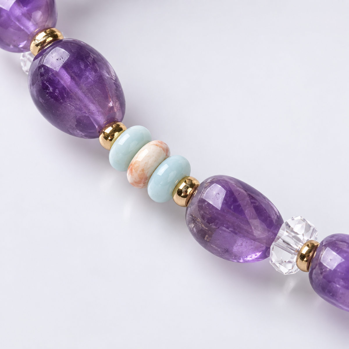 Close-up of the bracelet's irregular purple beads and pale accent stones