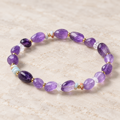 Angled full view of the purple amethyst and Shoushan bracelet
