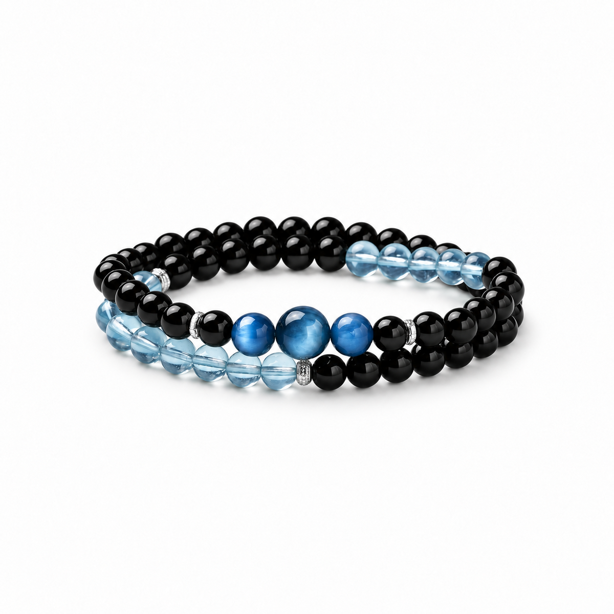 Aquamarine and obsidian double-wrap bracelet on white background