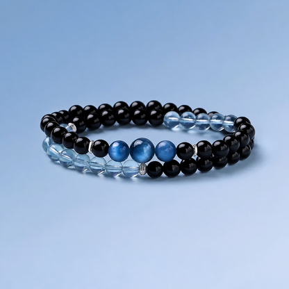 Aquamarine and obsidian double-wrap bracelet bead and design detail