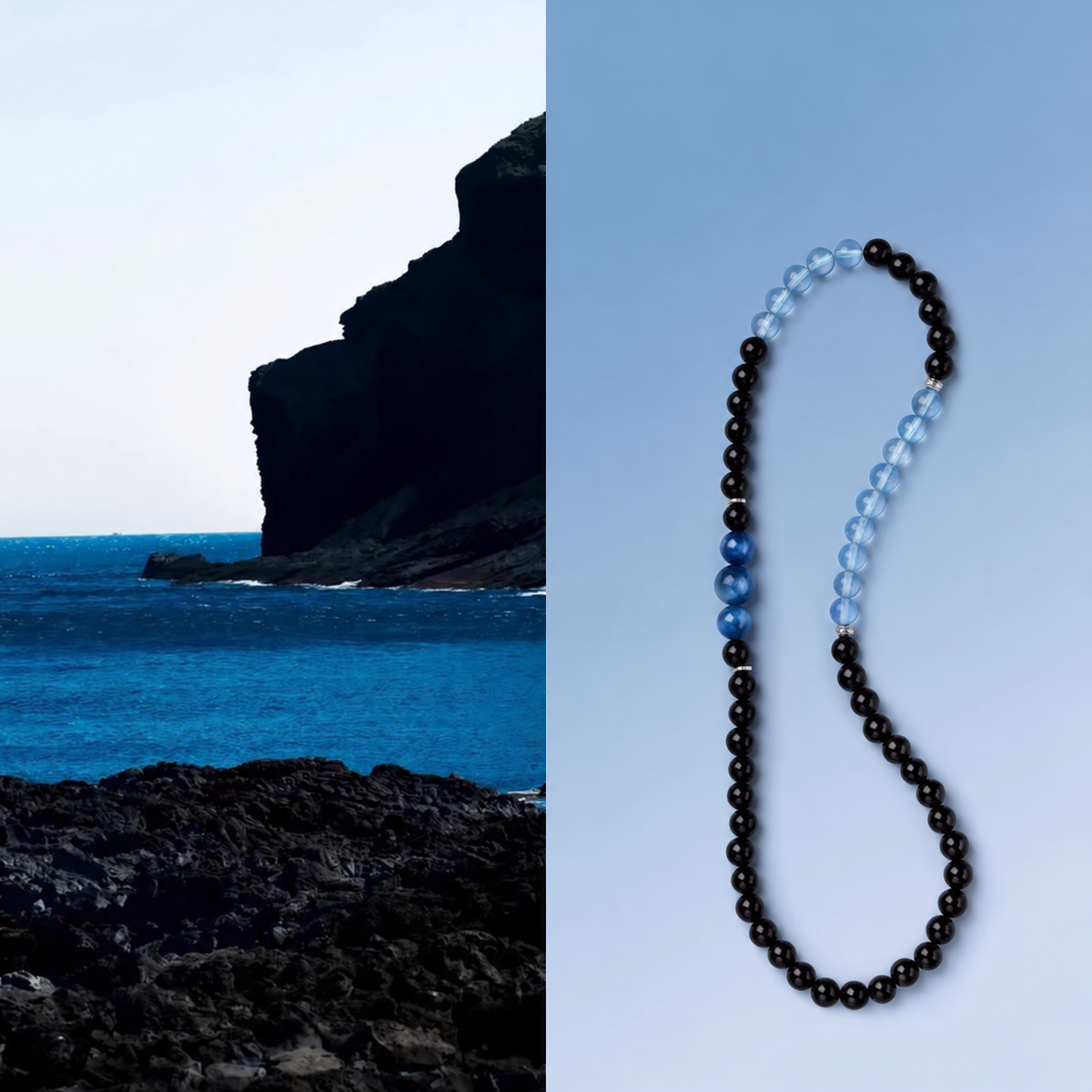 Aquamarine and obsidian double-wrap bracelet bead and design detail