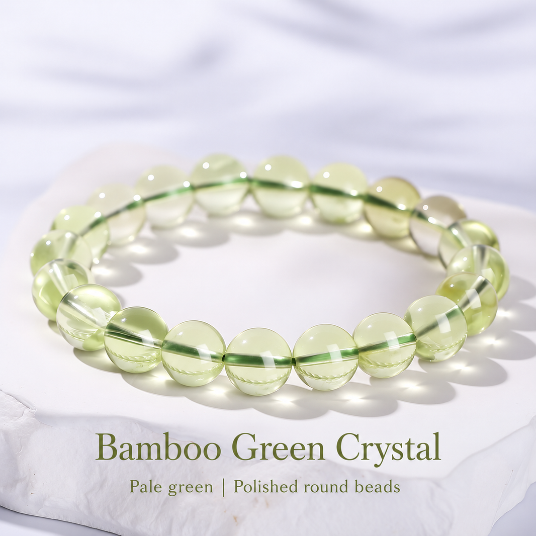 Bamboo green crystal bracelet with polished pale green beads