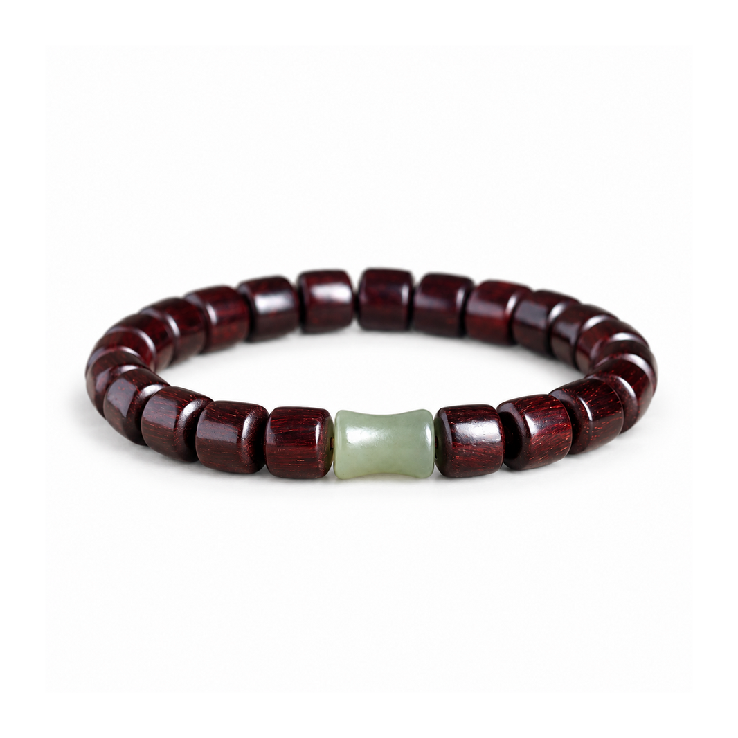 Red sandalwood barrel bead bracelet with bamboo-joint Hetian jade on white