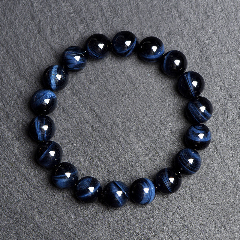 Blue tiger eye bracelet showing navy striped beads
