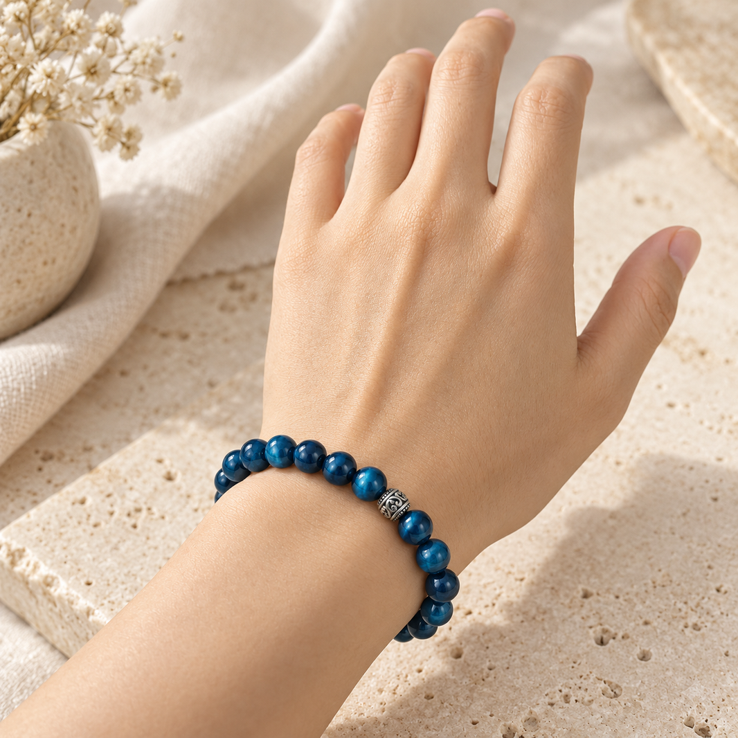 Natural Blue Tiger Eye Bracelet 8mm – worn view 1