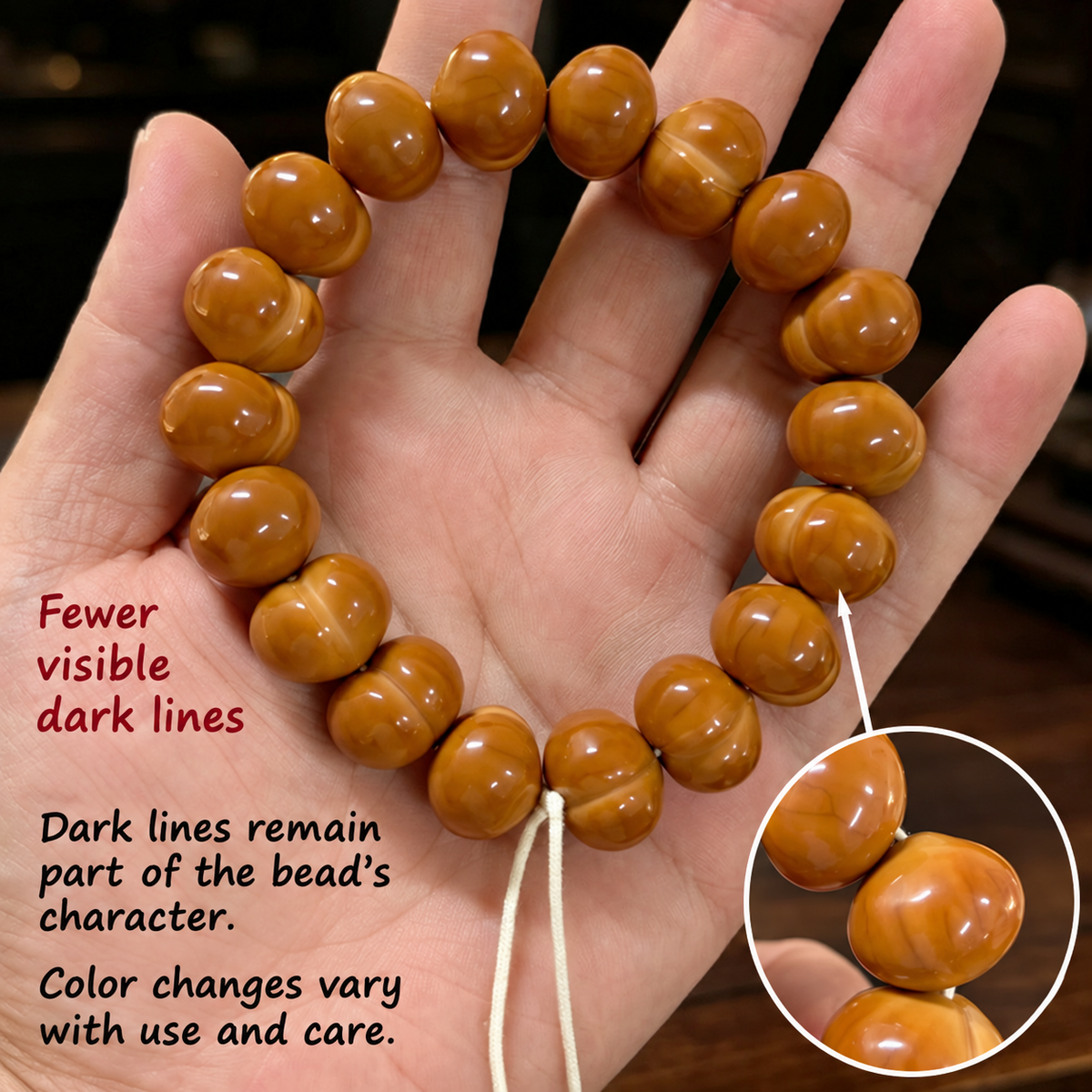 Corgi — Fewer Dark Lines walnut bead bracelet, 17 mm+