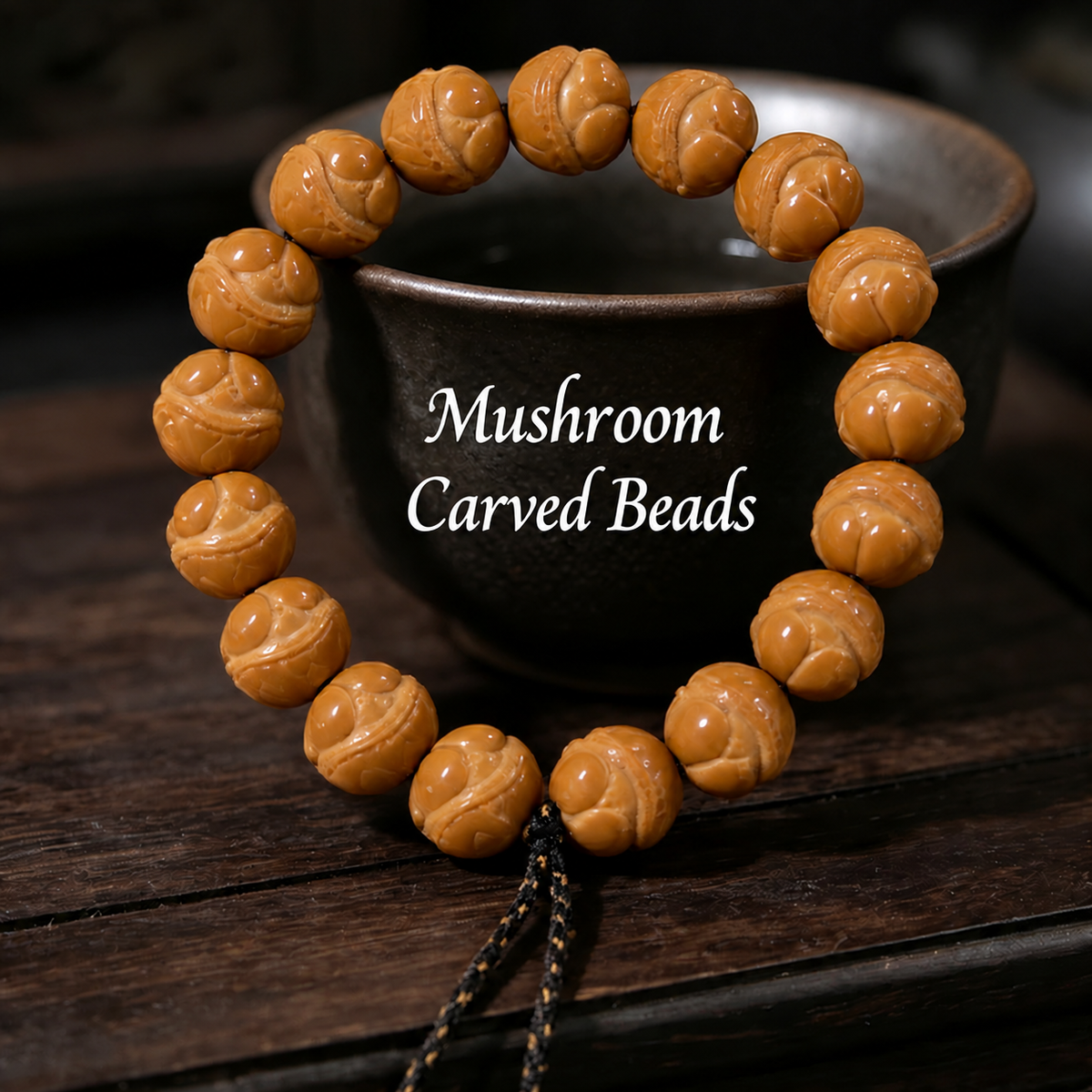 Mushroom walnut bead bracelet, Approx. 14 mm