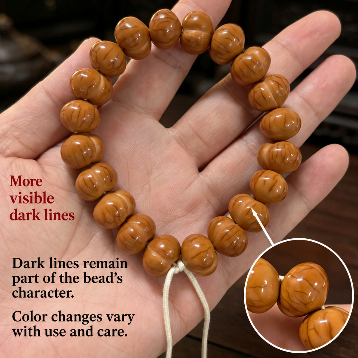 Corgi — More Dark Lines walnut bead bracelet, 15 mm+