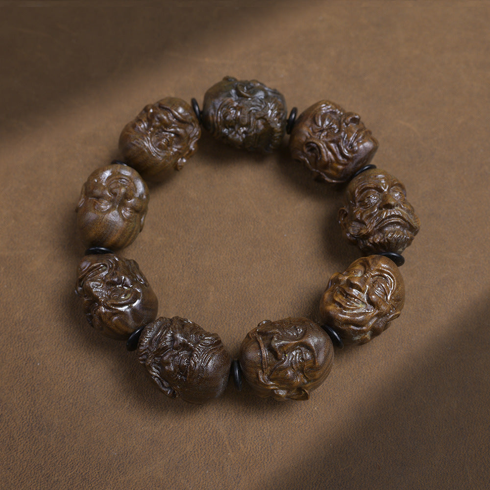 Green Wood Eighteen Arhats carved wooden bracelet