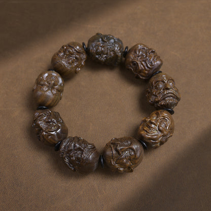 Green Wood Eighteen Arhats carved wooden bracelet