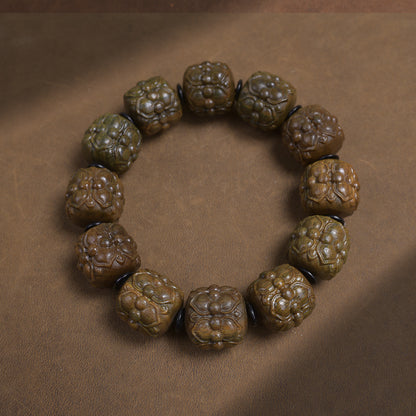 Green Wood Double Lotus carved wooden bracelet
