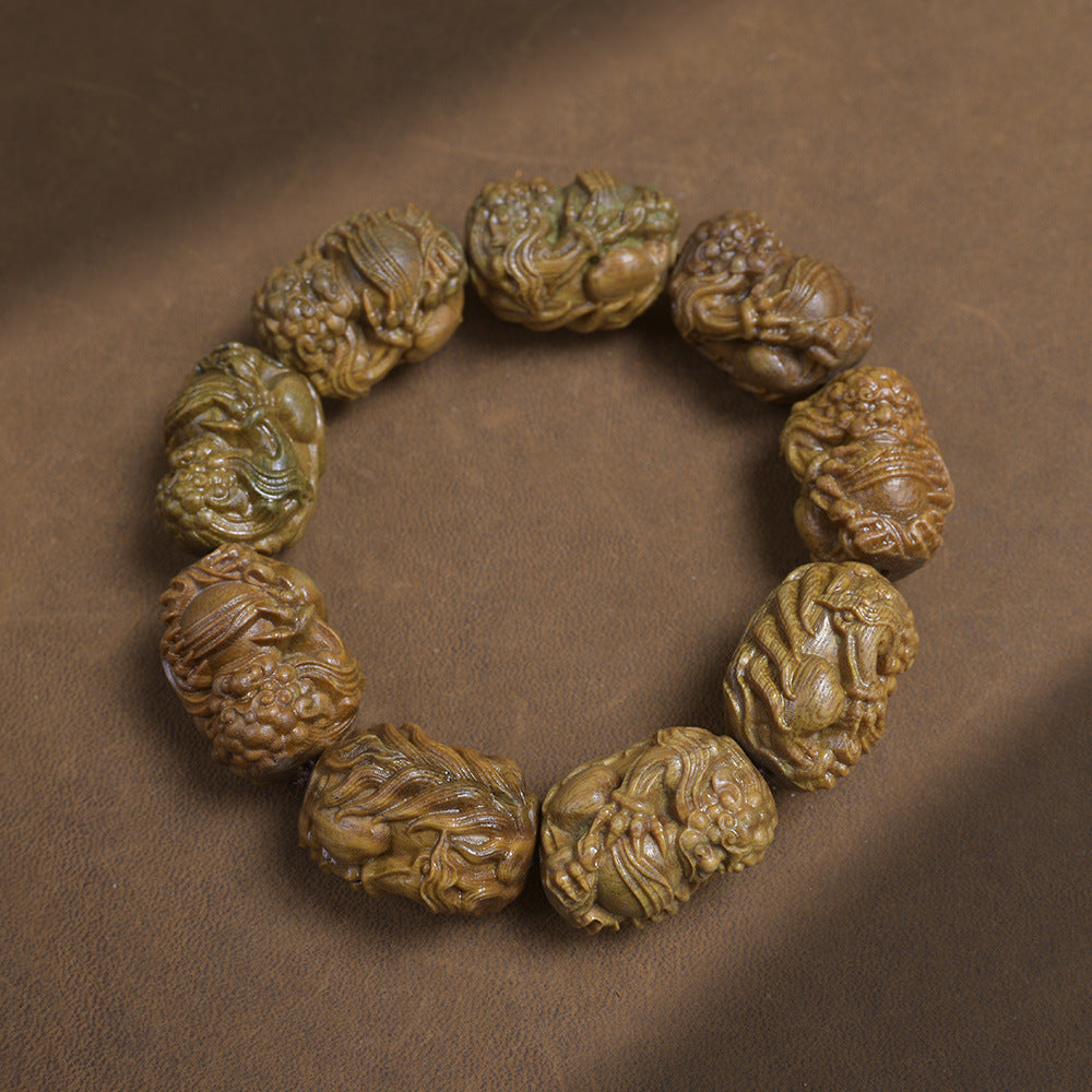 Green Wood Pixiu Holding a Ball carved wooden bracelet