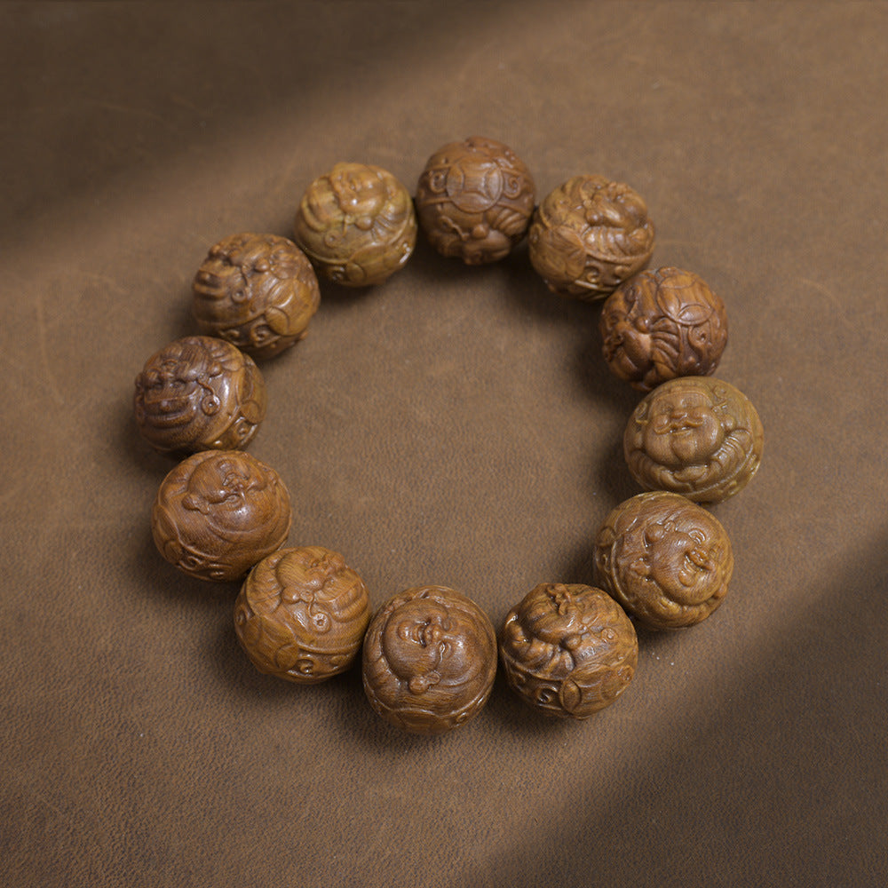 Green Wood Prosperity carved wooden bracelet