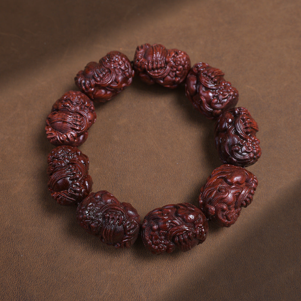 Zitan Wood Pixiu Holding a Ball carved wooden bracelet