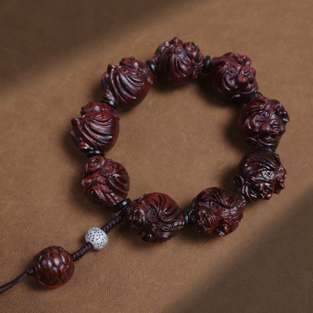 Zitan Wood Wealth Deity carved wooden bracelet