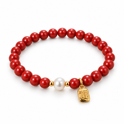 6mm Cinnabar-Style & Freshwater Pearl Bracelet on white background