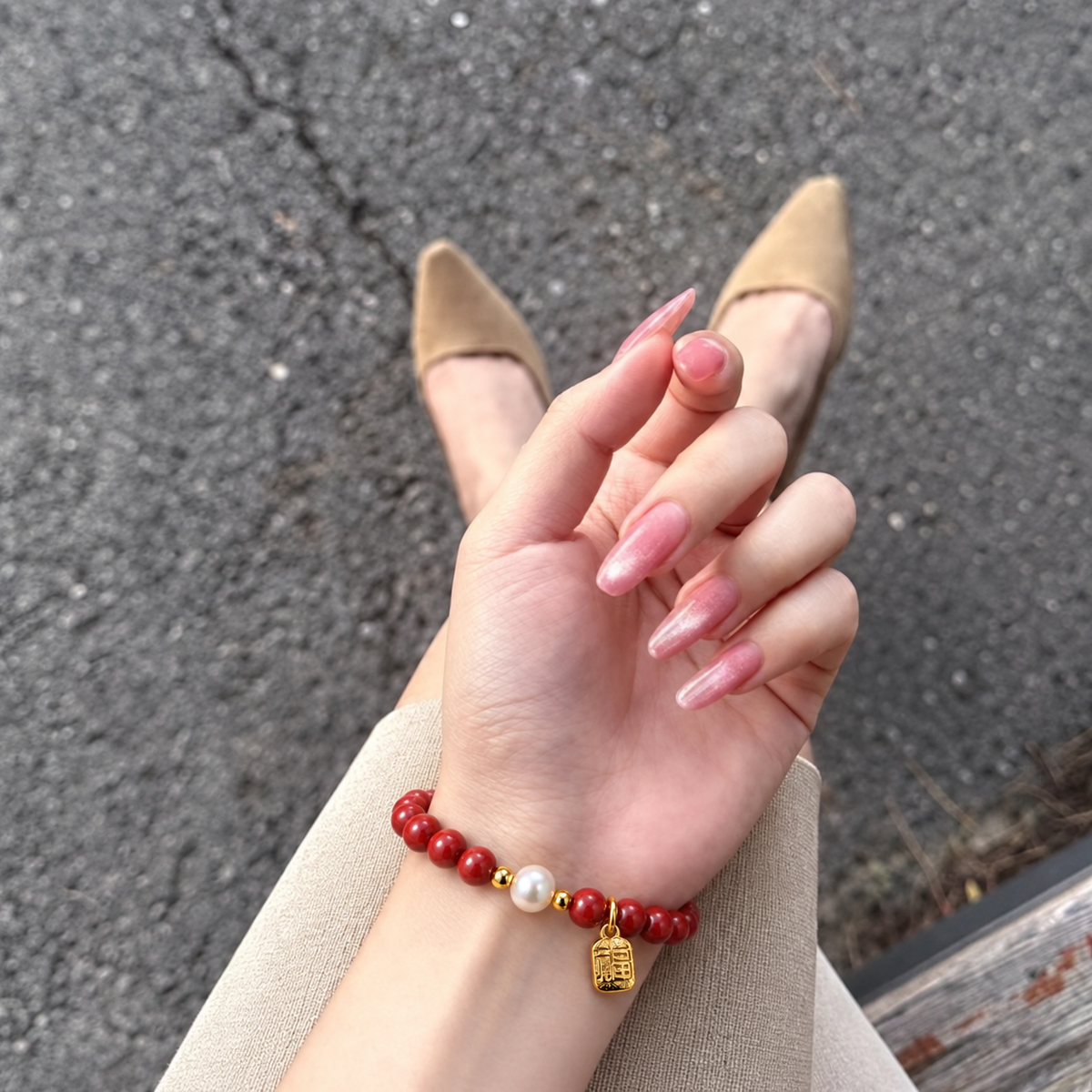 6mm Cinnabar-Style & Freshwater Pearl Bracelet worn on wrist