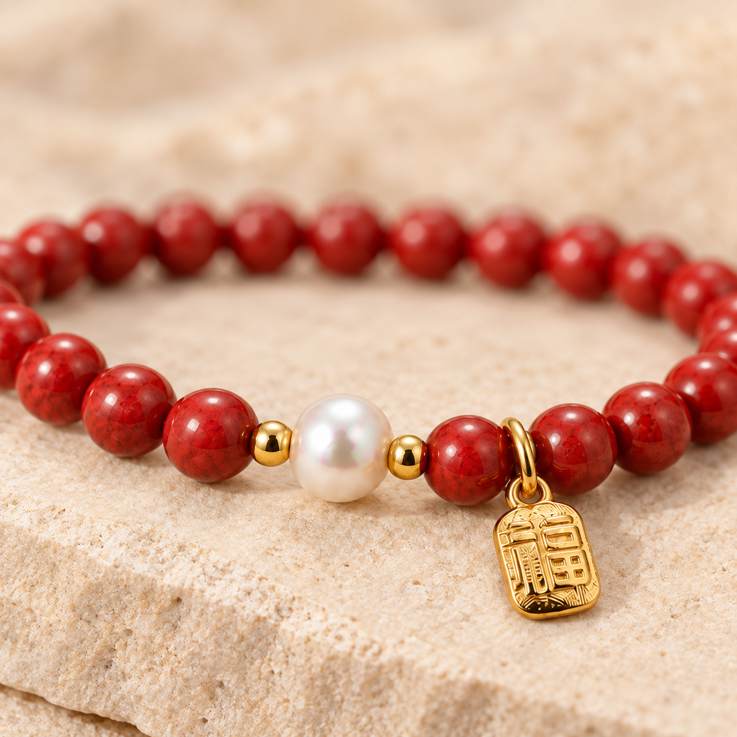 Cinnabar-style bead, freshwater pearl and gold Fu charm detail