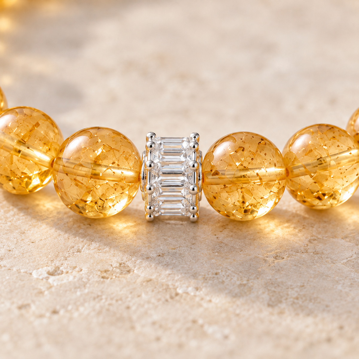 Natural Citrine Bracelet 10mm – citrine and silver baguette spacer detail