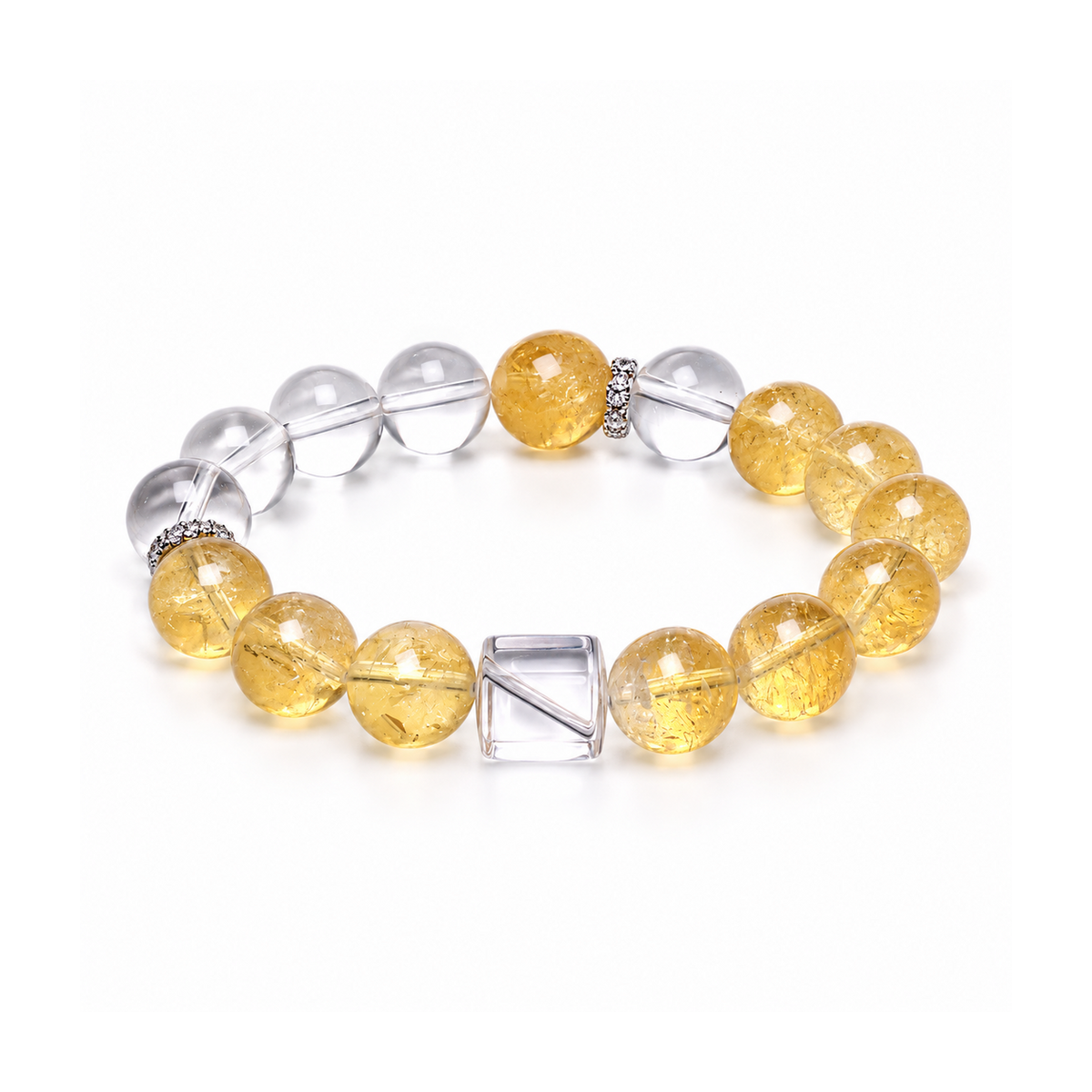 Citrine and clear quartz bracelet with cube bead on white background