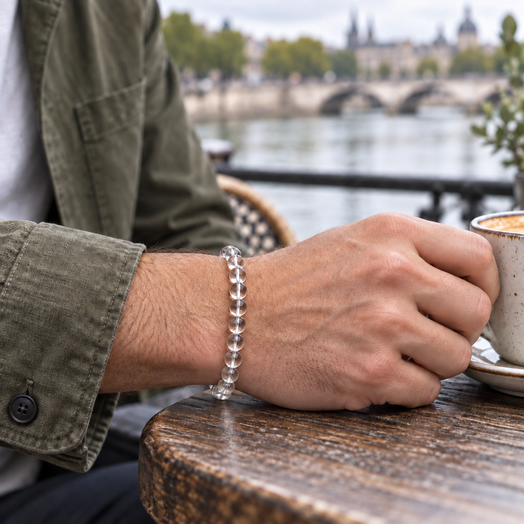 7A Natural Clear Quartz Bracelet 8mm – men’s café wrist view